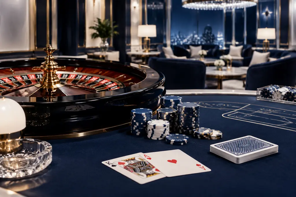 Ruang informasi casino 77rt dengan kartu baccarat dan roda roulette