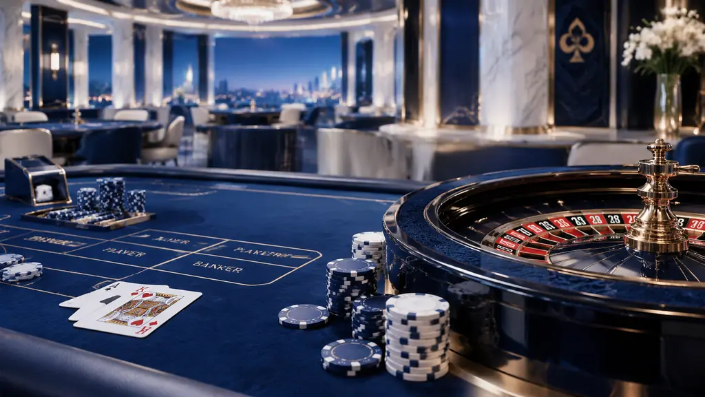 Suasana casino 77rt dengan meja baccarat dan roulette